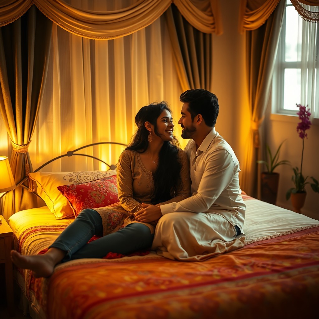 A young desi couple sharing an intimate moment in a cozy bedroom, with warm lighting casting a soft glow around them