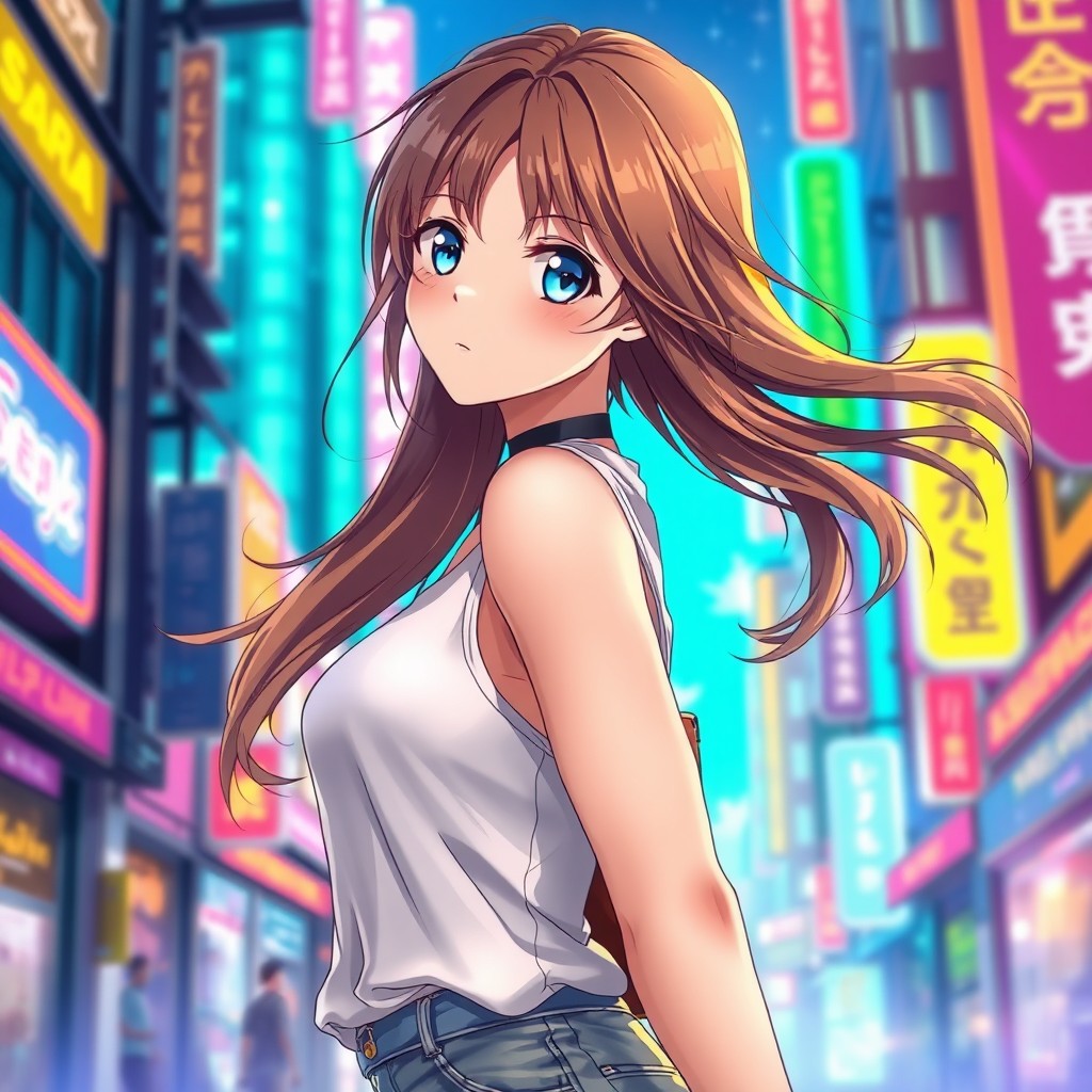A stunning 18-year-old anime girl with vibrant blue eyes and flowing brown hair, wearing a fashionable outfit that complements her youthful energy