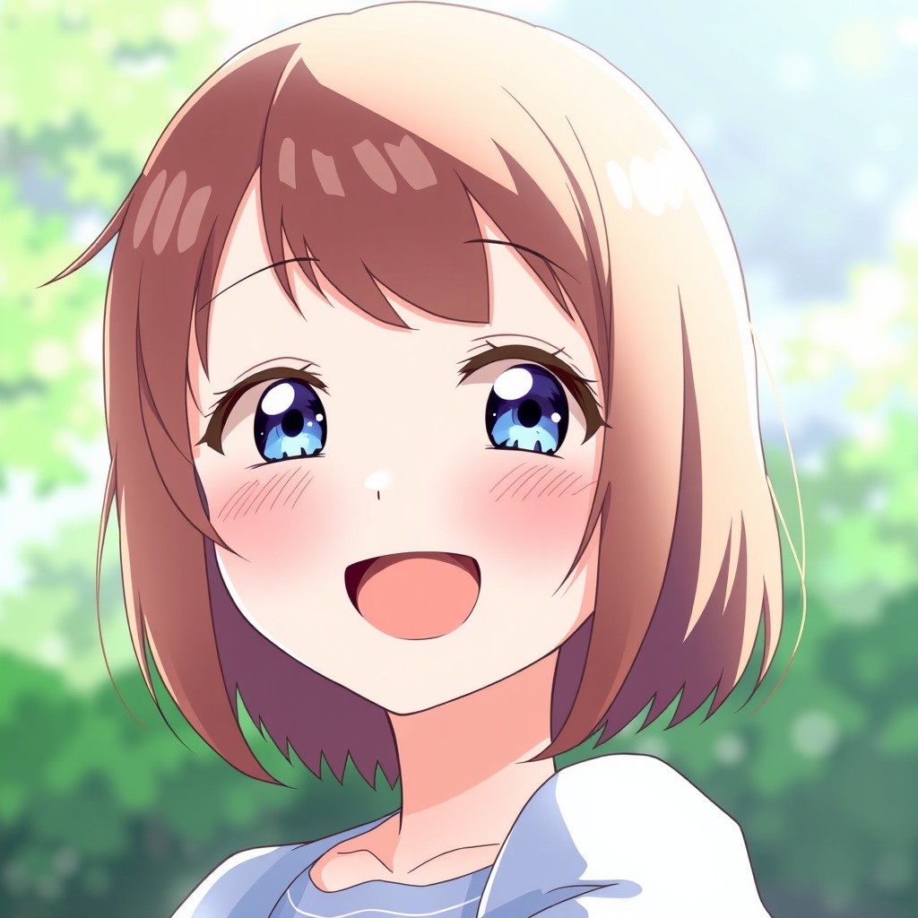 A cheerful anime girl smiling brightly, featuring shoulder-length brown hair and captivating blue eyes that sparkle with joy