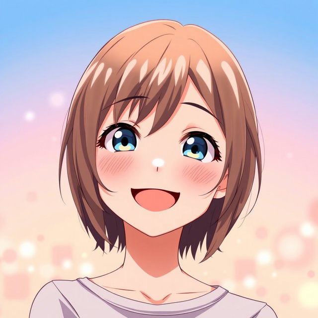 A joyful 18-year-old anime girl smiling radiantly, featuring shoulder-length brown hair and striking blue eyes that capture a sense of warmth and happiness
