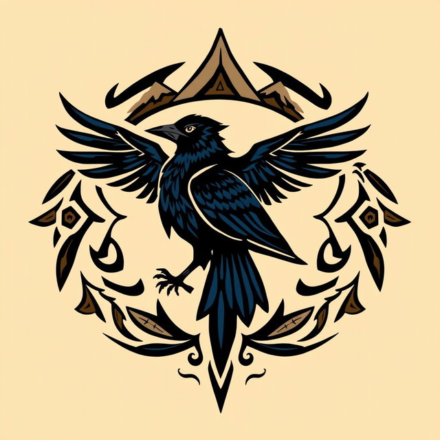 A striking tribal crest representing the Raven Clan, featuring a prominent, stylized raven as the central element