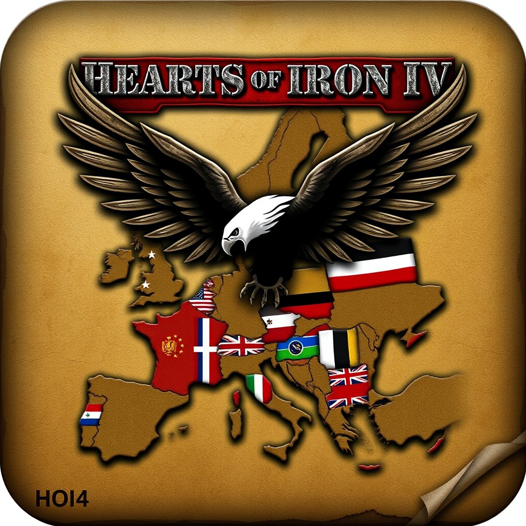An alternative high-quality icon for 'Hearts of Iron IV' (HOI4), featuring a dynamic eagle emblem soaring above a stylized map of Europe, echoing the themes of conflict and strategy