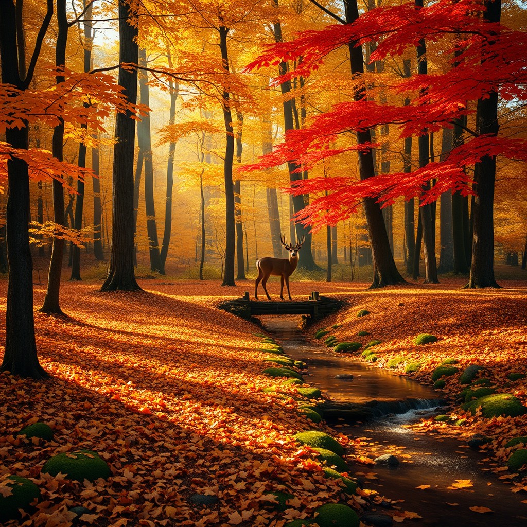 An enchanting forest scene filled with vibrant fall foliage, showcasing a serene woodland path lined with golden and crimson leaves