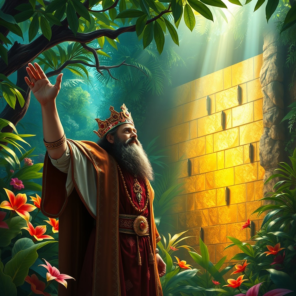 A majestic king exploring a vibrant jungle, discovering a wall made of gold that glimmers in the sunlight