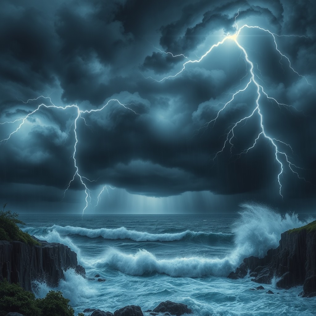 A dramatic scene of a stormy sky filled with dark, swirling clouds, illuminated by flashes of lightning
