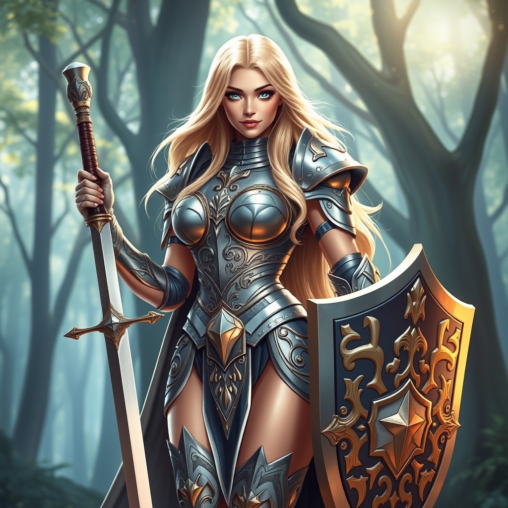 A glamorous, confident bimbo paladin standing tall in shining armor adorned with intricate designs