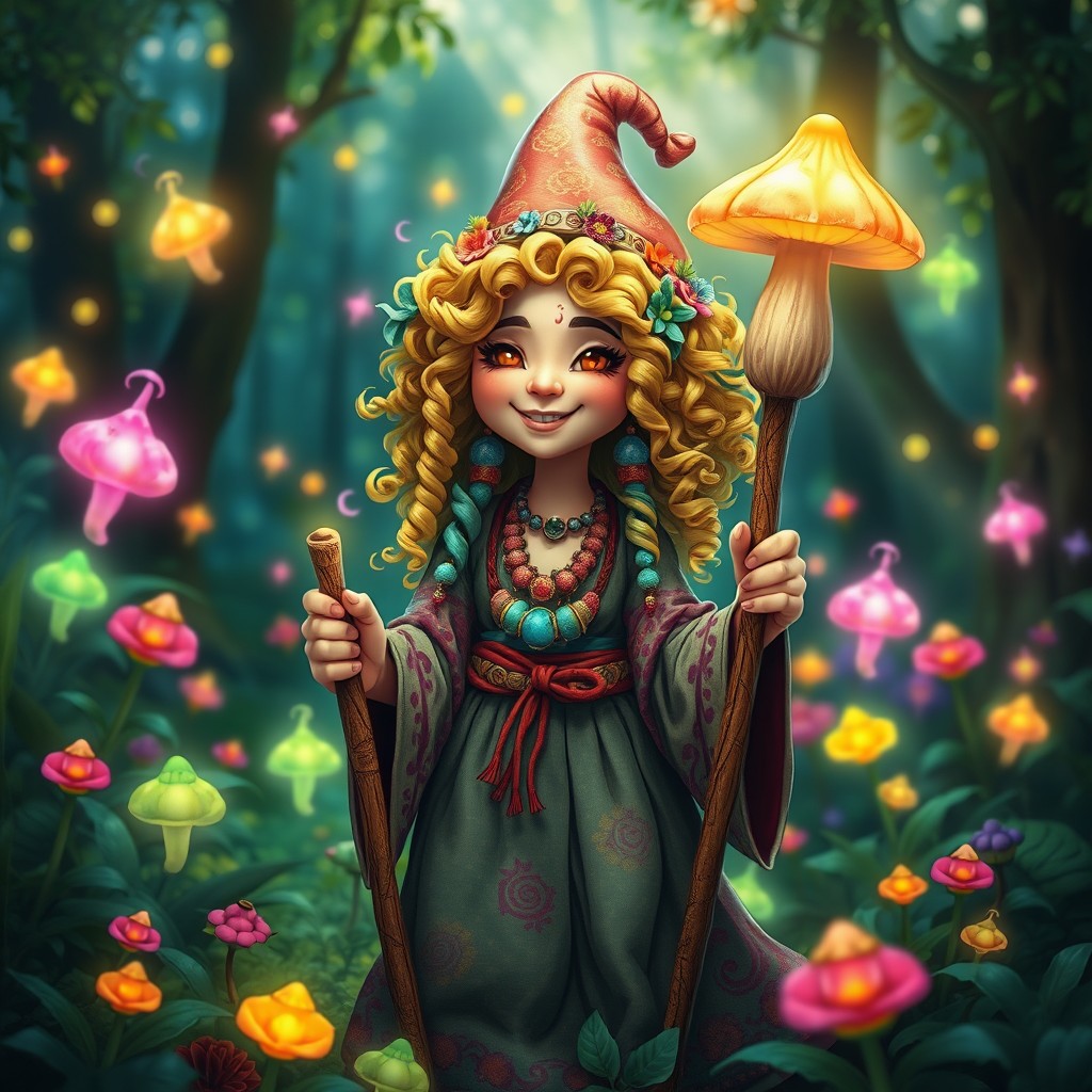 A whimsical female gnome hippie spore druid surrounded by vibrant, magical spores in a lush forest setting