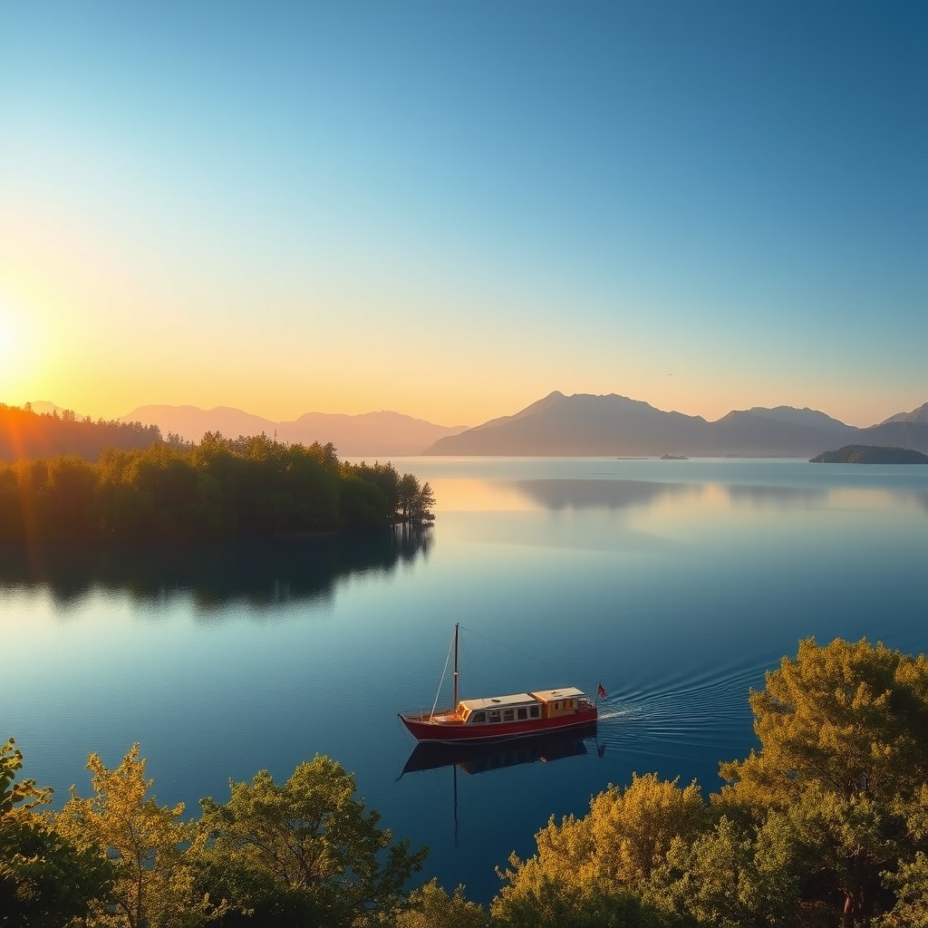A serene landscape featuring a picturesque boat floating on a tranquil lake