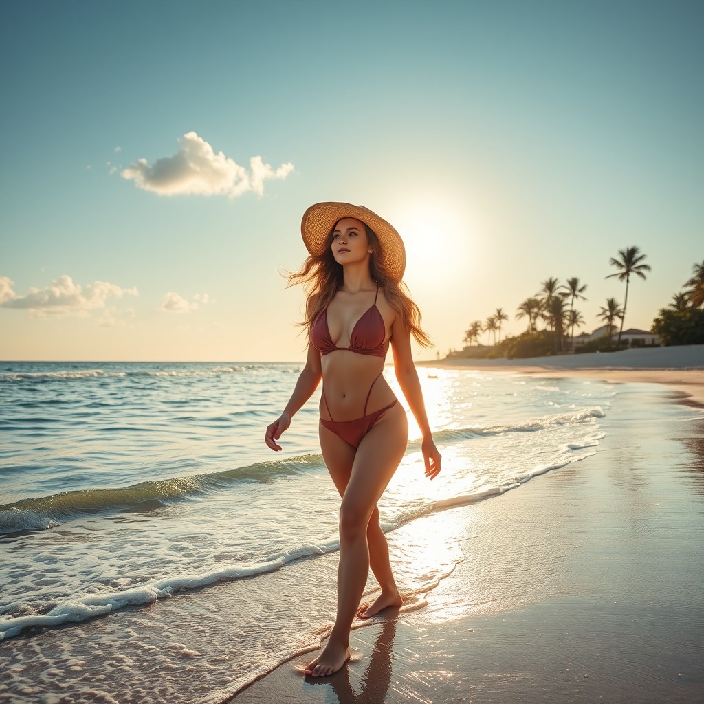 A serene beach scene featuring a beautiful woman enjoying the sun