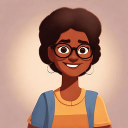 A Pixar-style character illustration of a brown-skinned girl wearing eyeglasses.