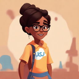 A Pixar-style character illustration of a brown-skinned girl wearing eyeglasses.