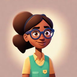 A Pixar-style character illustration of a brown-skinned girl wearing eyeglasses.