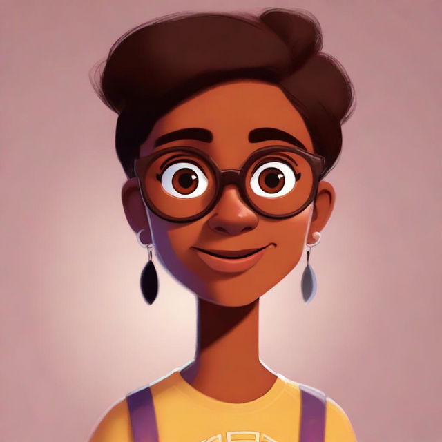 A Pixar-style character illustration of a brown-skinned girl wearing eyeglasses.