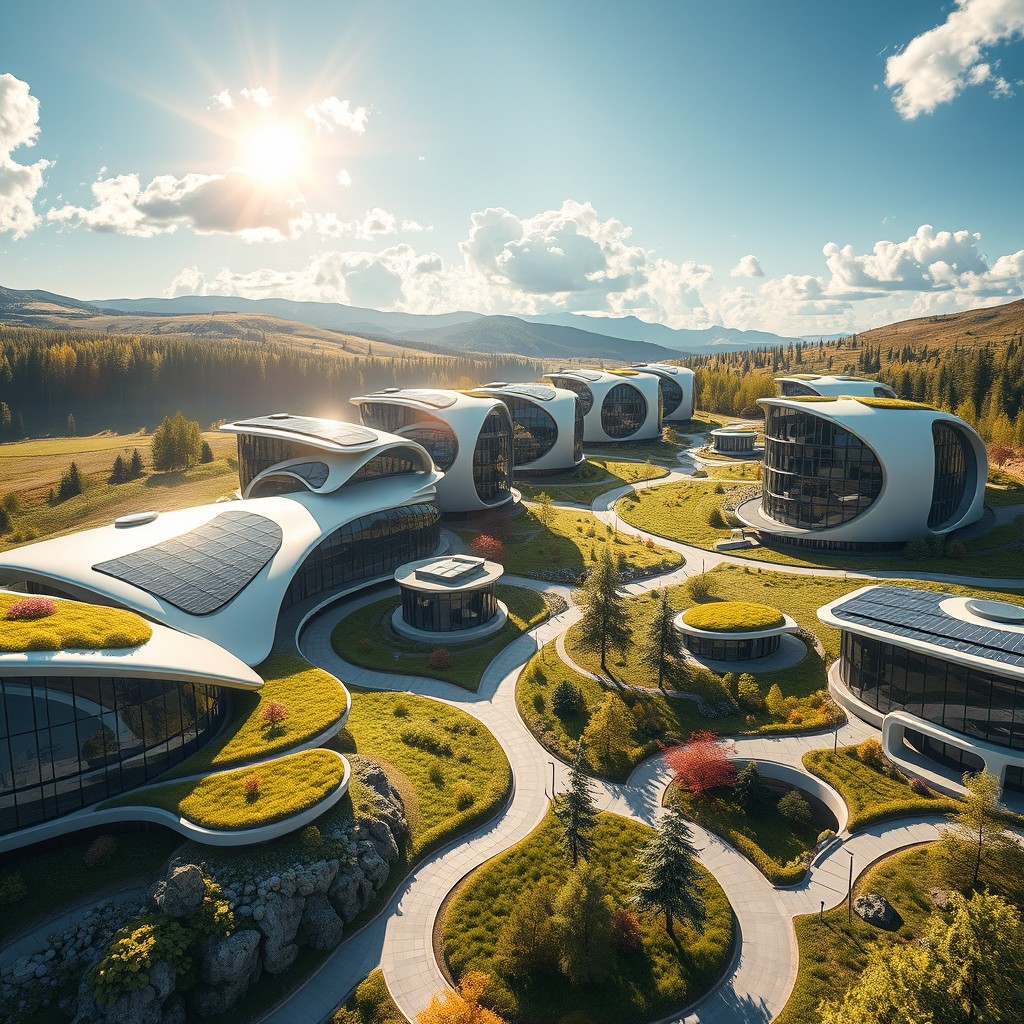 A modern design of a futuristic settlement with innovative streetscapes, set against the backdrop of Siberian nature