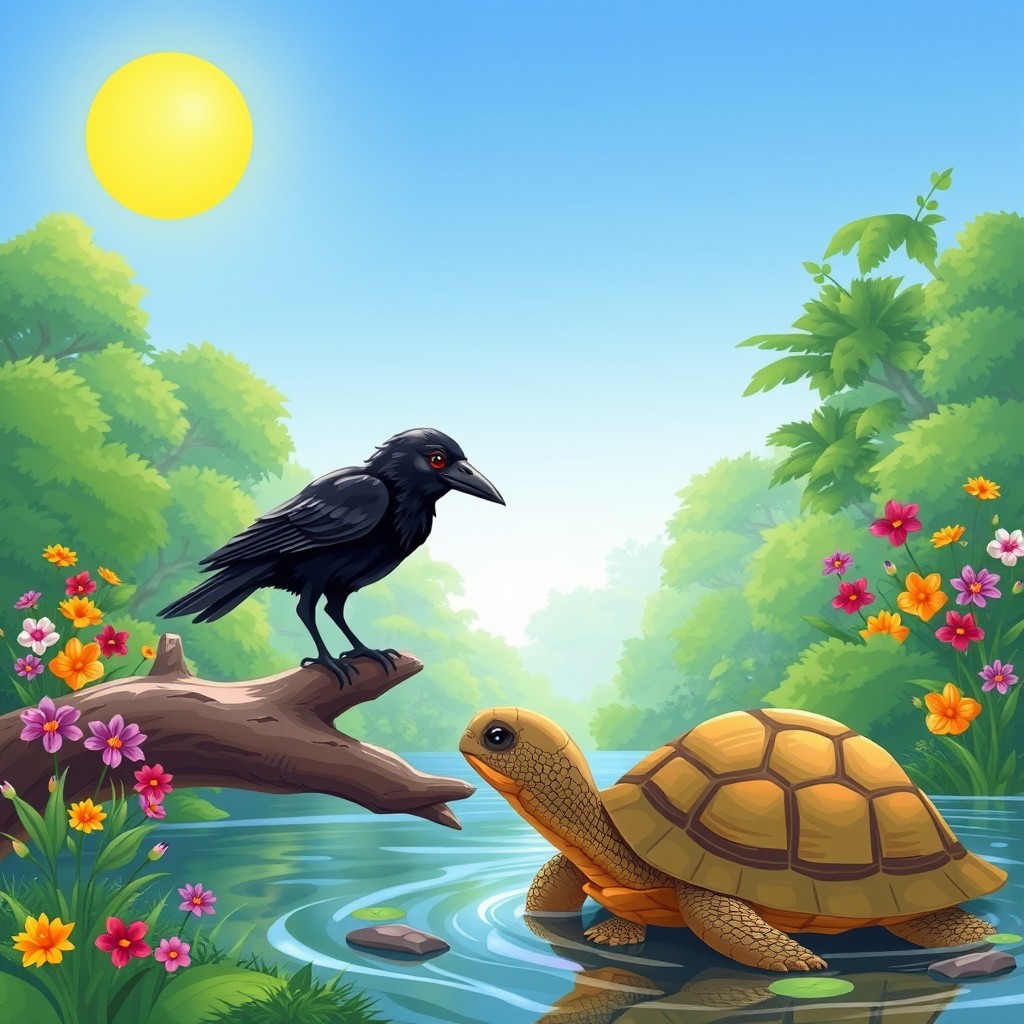 A vibrant and detailed illustration of the fable "The Crow and the Turtle"