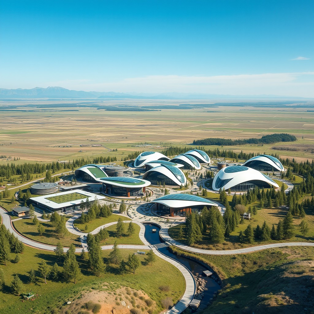A futuristic village design in an innovative architectural style, nestled against the backdrop of sprawling Siberian plains