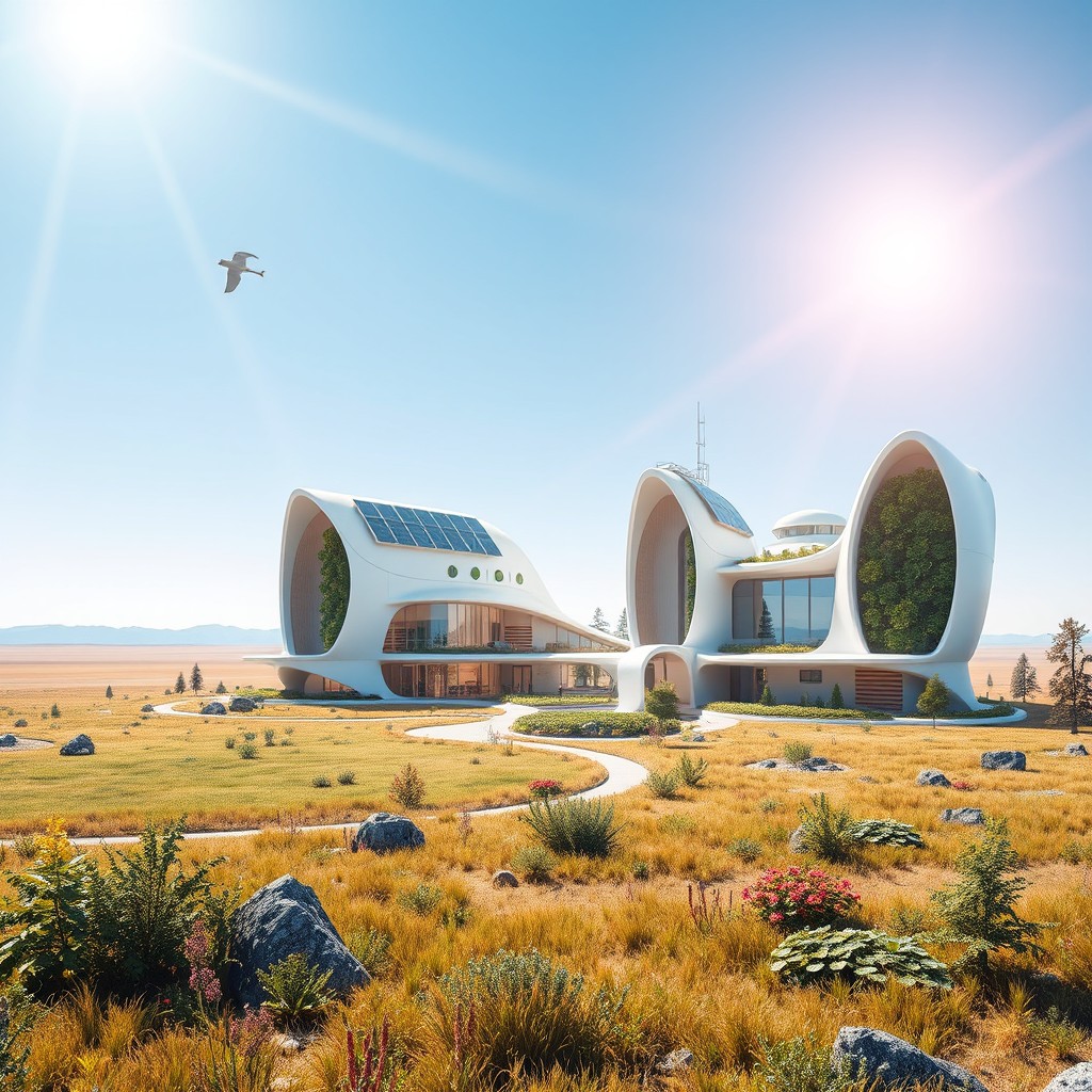 A futuristic settlement design set against the expansive flat plains of Siberian nature, showcasing innovative architecture with bold, clean lines and eco-friendly materials
