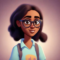 A Pixar-style character illustration of a dusky-skinned girl wearing eyeglasses.