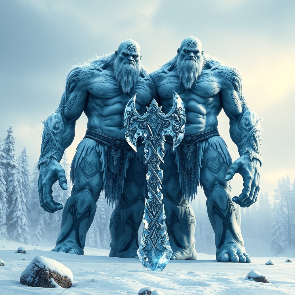 Two massive frost giants, towering and majestic, stand together in a snowy landscape, their skin resembling ice and frost