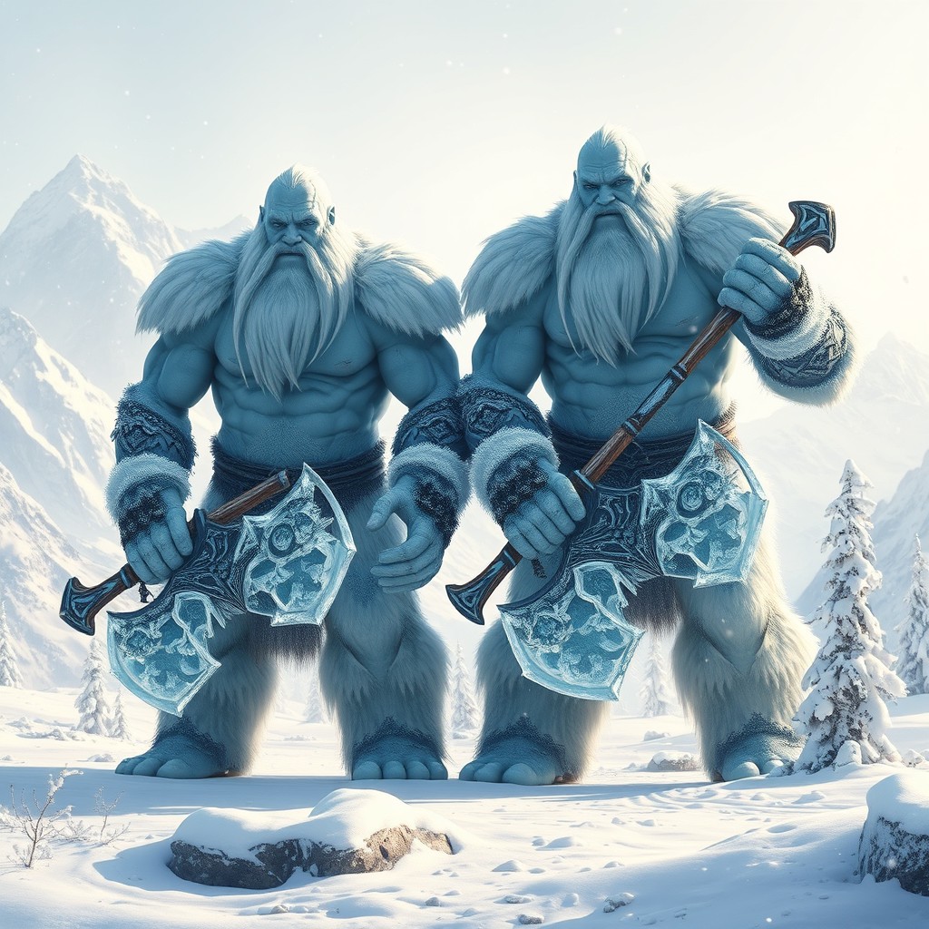 Two colossal frost giants, with ice-blue skin and frosty beards, stand side by side in a wintry wasteland, their imposing forms outlined against a backdrop of snow-covered mountains