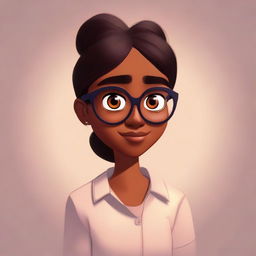 A Pixar-style character illustration of a dusky-skinned girl wearing eyeglasses.