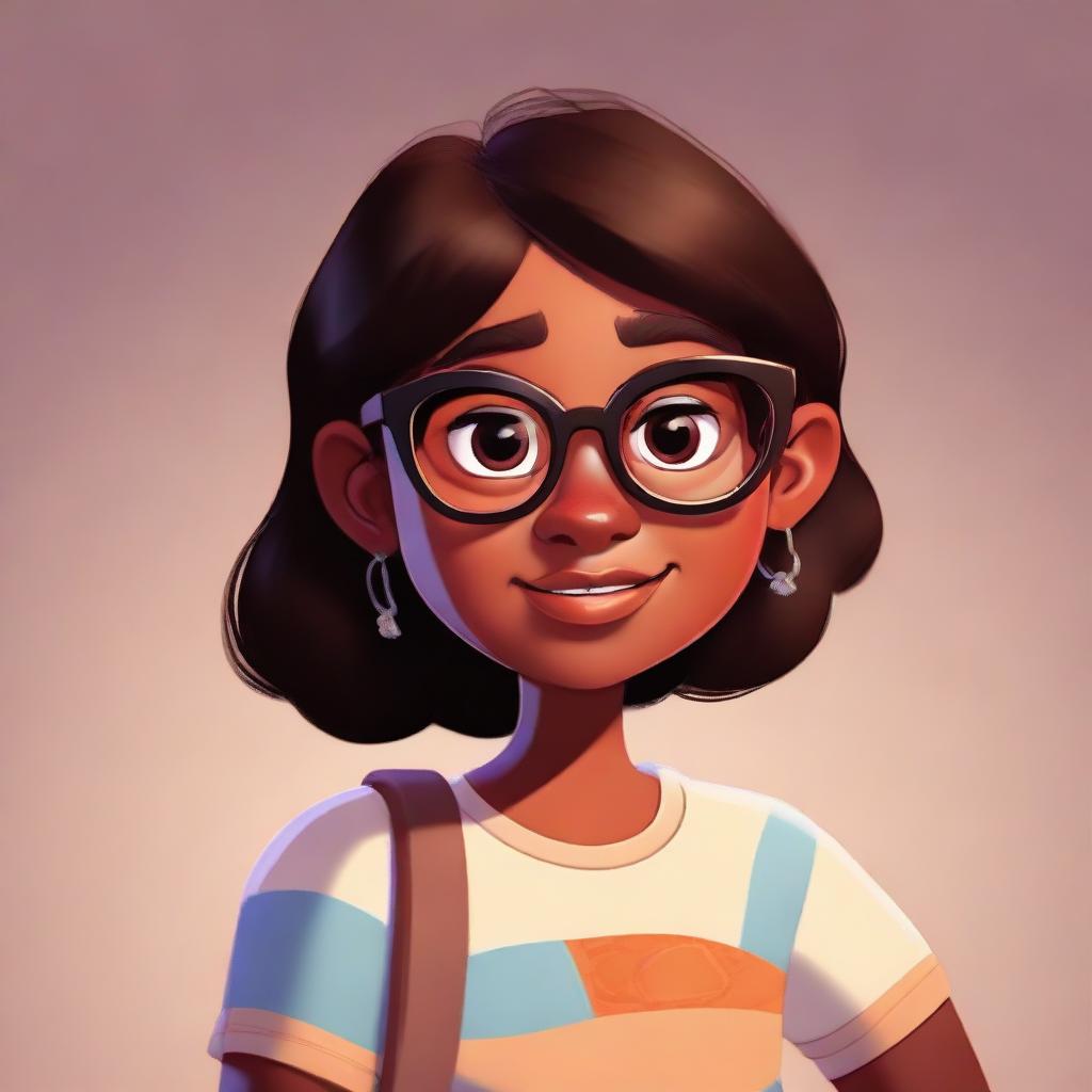 A Pixar-style character illustration of a dusky-skinned girl wearing eyeglasses.