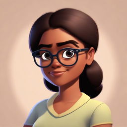 A Pixar-style character illustration of a dusky-skinned girl wearing eyeglasses.