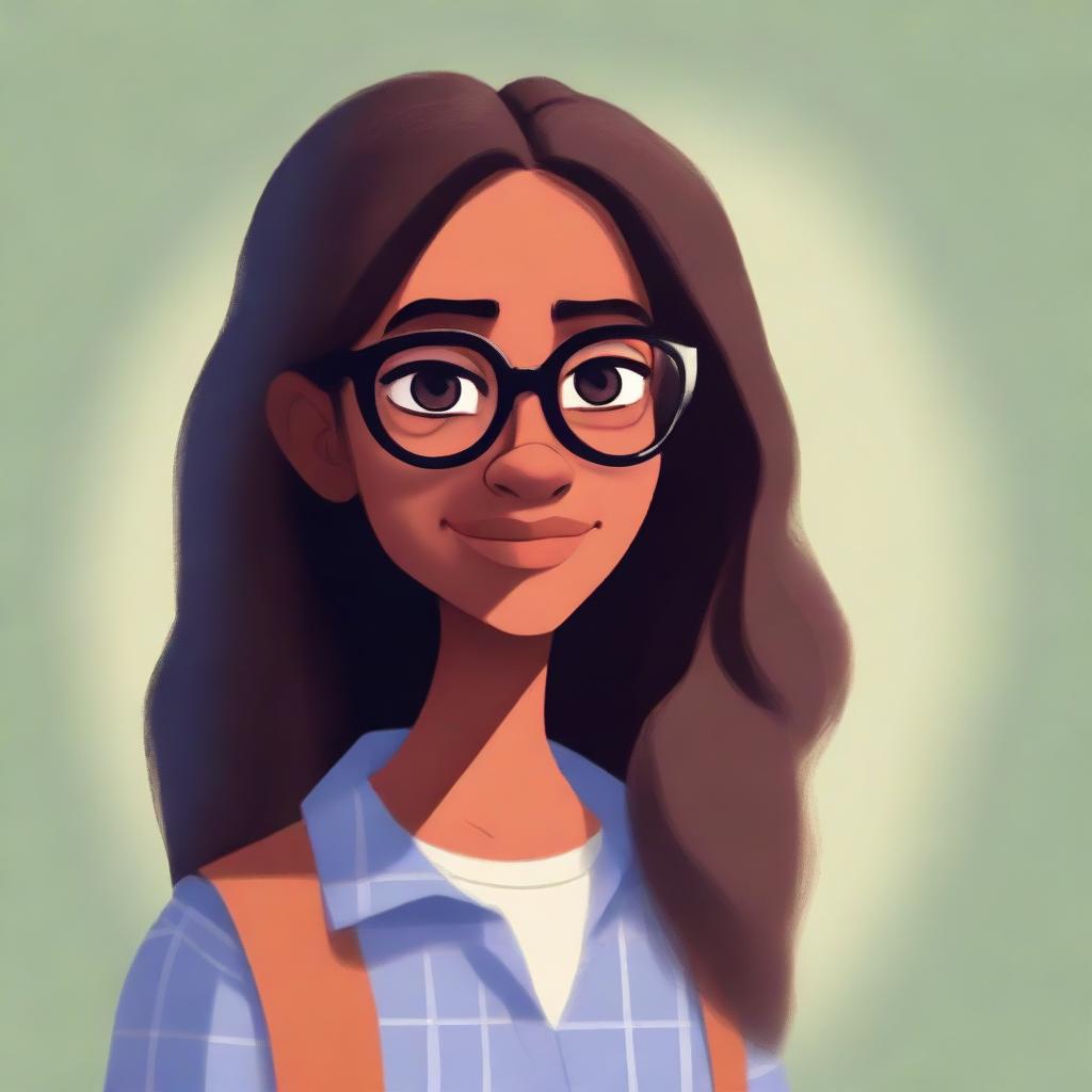 A Pixar-style character illustration of a dusky-skinned girl with long hair wearing eyeglasses.