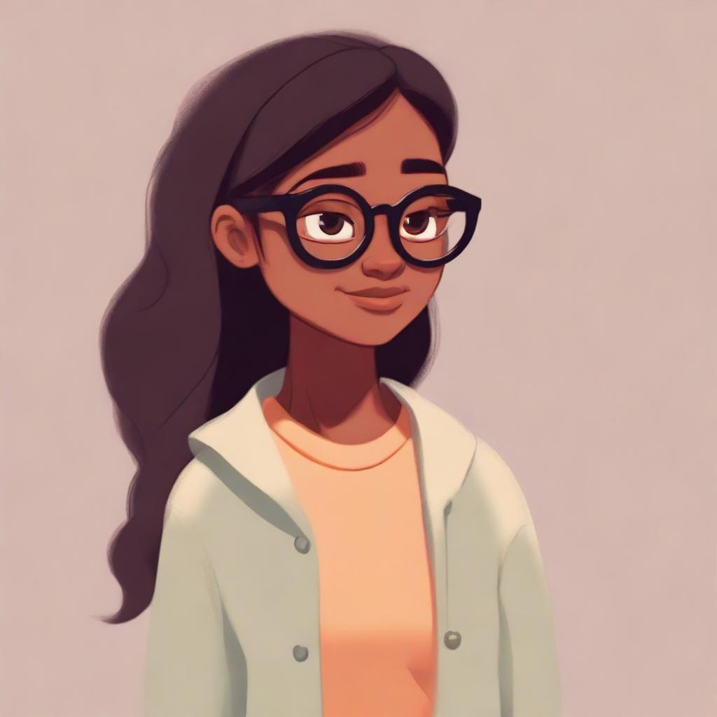 A Pixar-style character illustration of a dusky-skinned girl with long hair wearing eyeglasses.