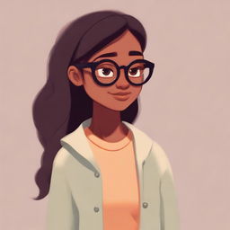 A Pixar-style character illustration of a dusky-skinned girl with long hair wearing eyeglasses.