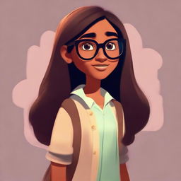 A Pixar-style character illustration of a dusky-skinned girl with long hair wearing eyeglasses.