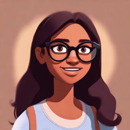 A Pixar-style character illustration of a dusky-skinned girl with long hair wearing eyeglasses.