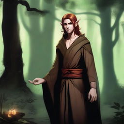 A high-quality digital art image depicts a grumpy arcane elf monk with chestnut hair standing in a dark forest