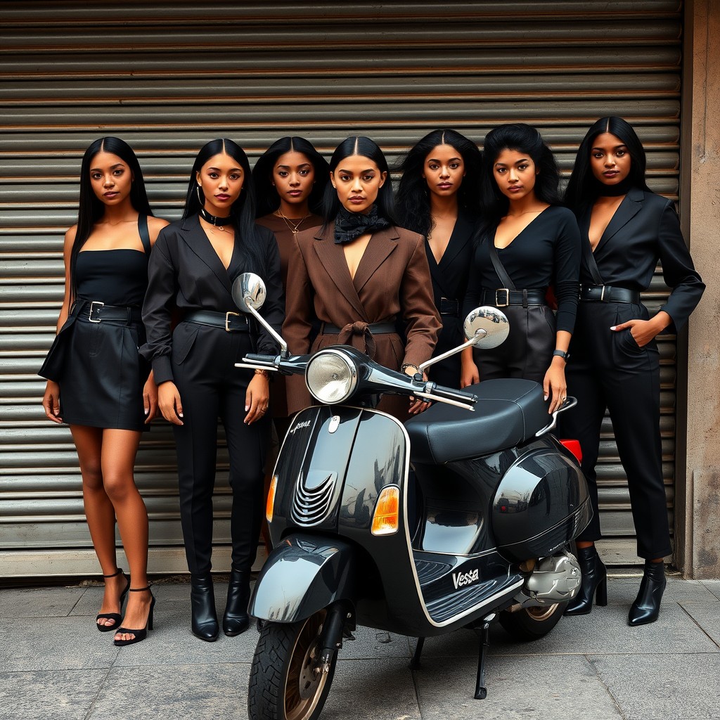 A stunning fashion show scene featuring women of diverse beauty showcasing dark brown and black colors in their outfits