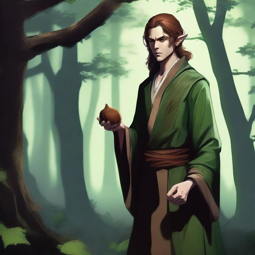 A high-quality digital art image depicts a grumpy arcane elf monk with chestnut hair standing in a dark forest