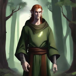 A high-quality digital art image depicts a grumpy arcane elf monk with chestnut hair standing in a dark forest