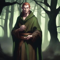 A high-quality digital art image depicts a grumpy arcane elf monk with chestnut hair standing in a dark forest