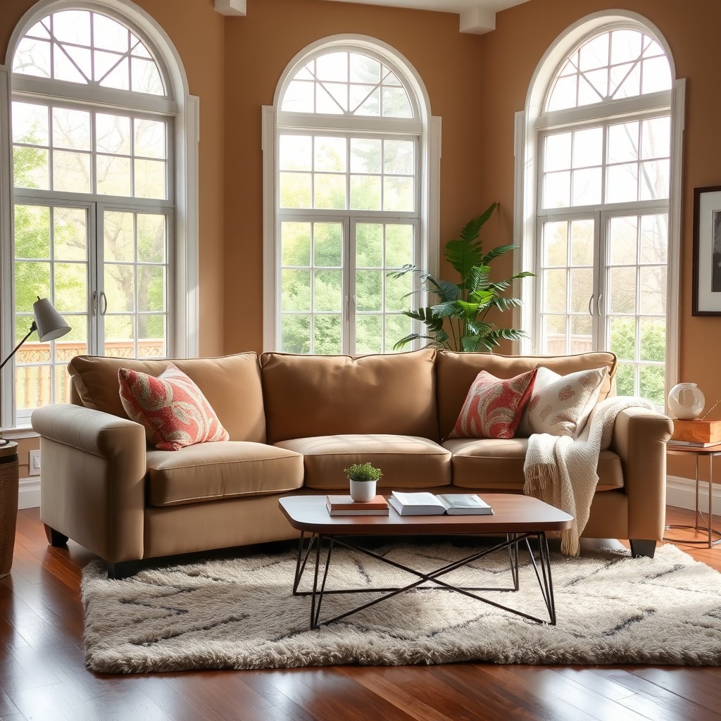 A cozy living room featuring a comfortable sofa as the central piece