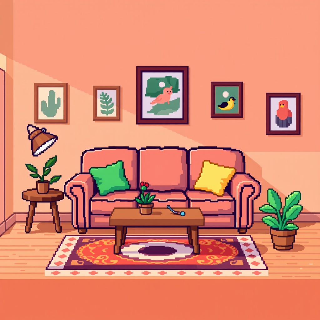 A pixel art representation of a cozy living room showcasing a comfortable sofa as the focal point