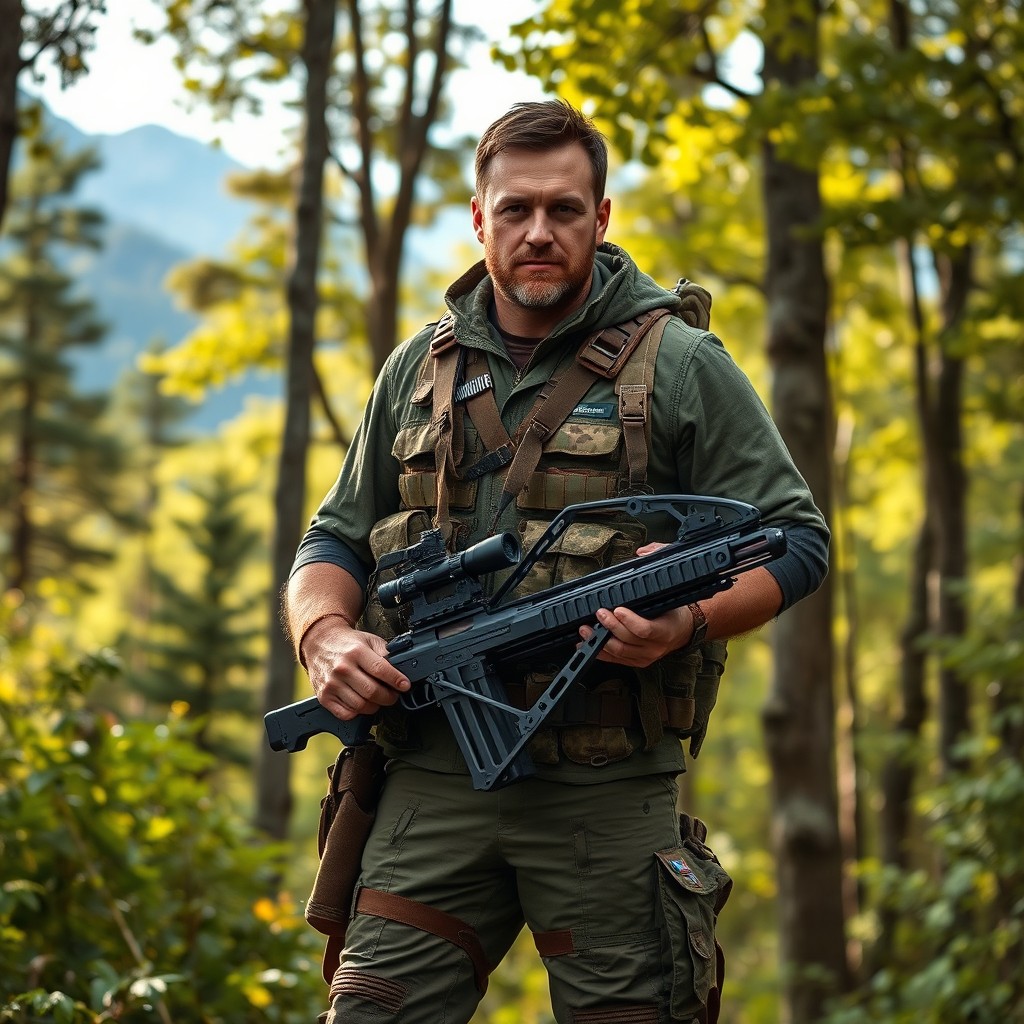 A rugged ranger standing confidently in a dense, vibrant forest
