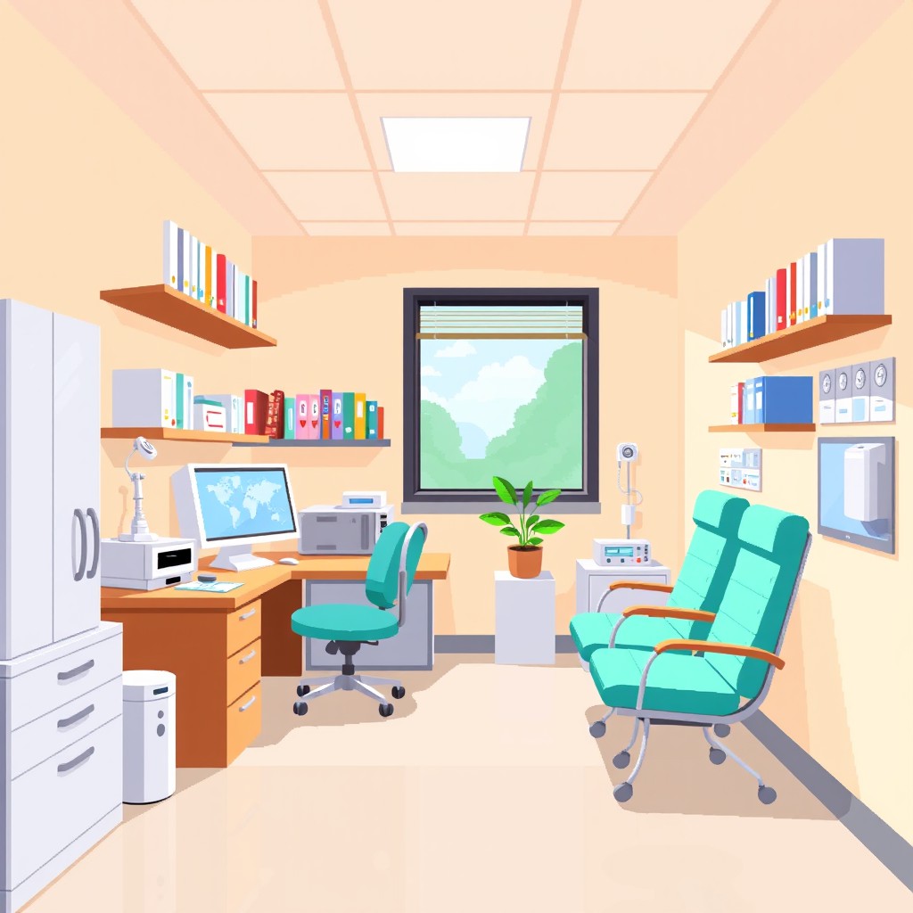 A hospital office depicted in pixel art style, featuring medical equipment like a computer, desk, and shelves filled with medical books and supplies