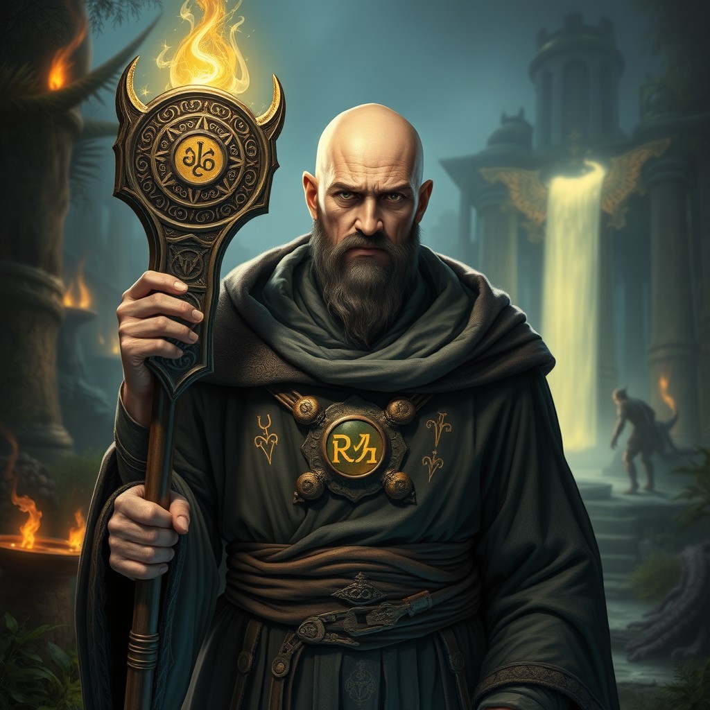 An adult bald Dungeons and Dragons character, prominently featured with a magical staff in hand, showcasing intricate designs and glowing runes