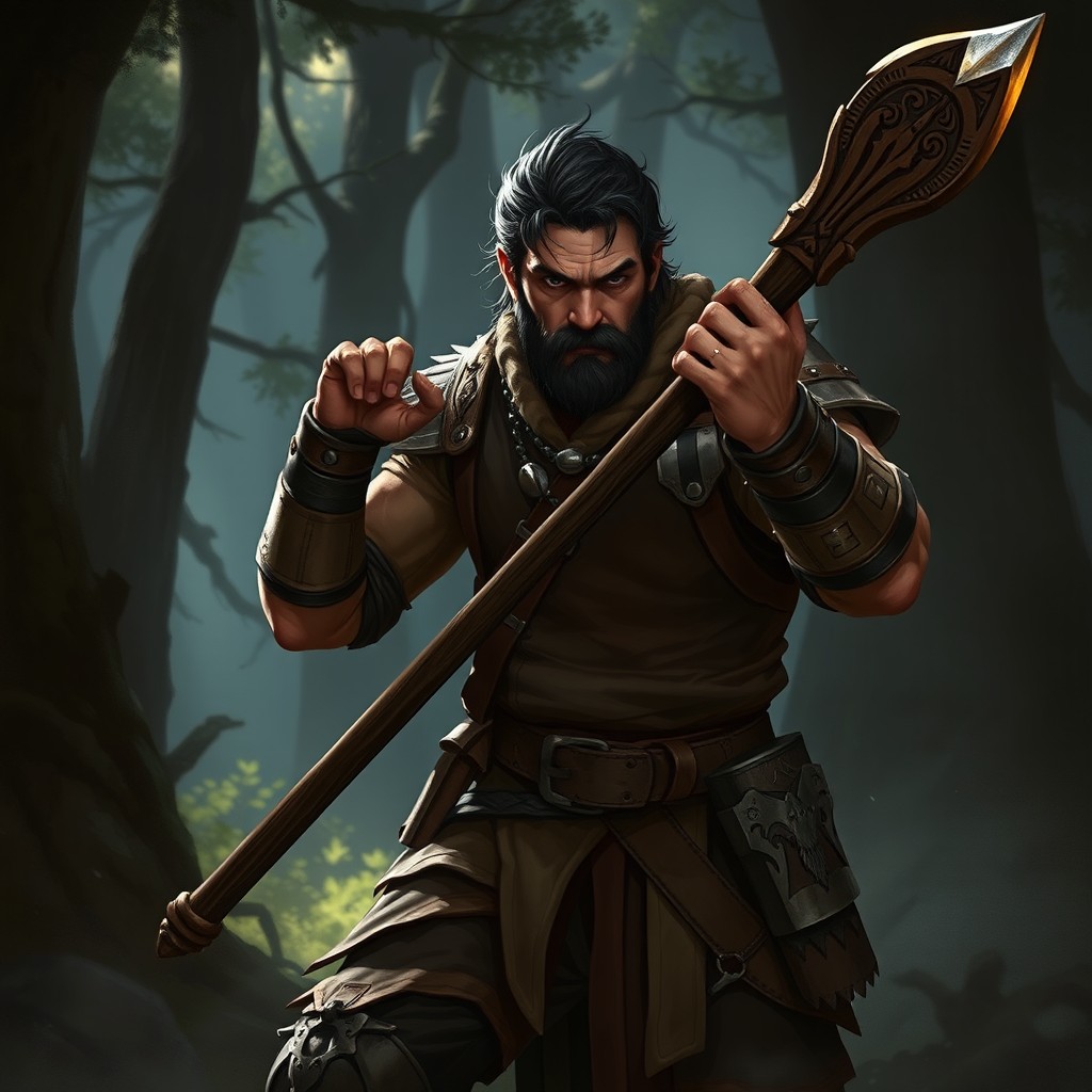 An adult Dungeons and Dragons character wielding a sturdy staff as a melee weapon, prominently displayed in shades of brown