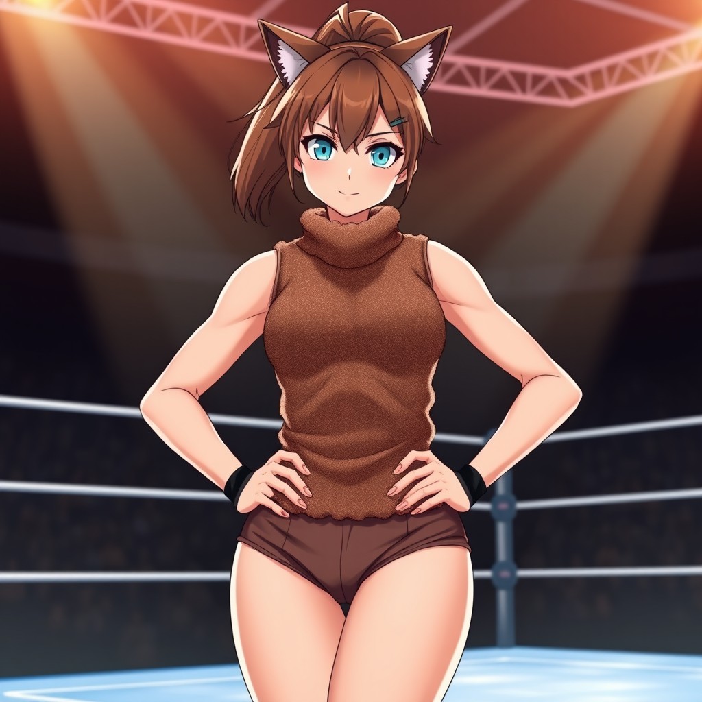 A confident woman with a brown ponytail haircut, showcasing striking blue eyes and cute brown cat ears that enhance her character