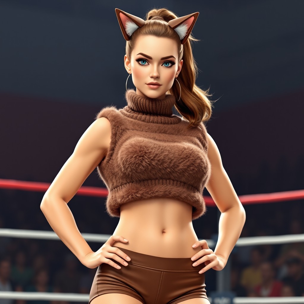 A realistic human woman with a brown ponytail hairstyle, captivating blue eyes, and charming brown cat ears that she wears cosmetically on her head