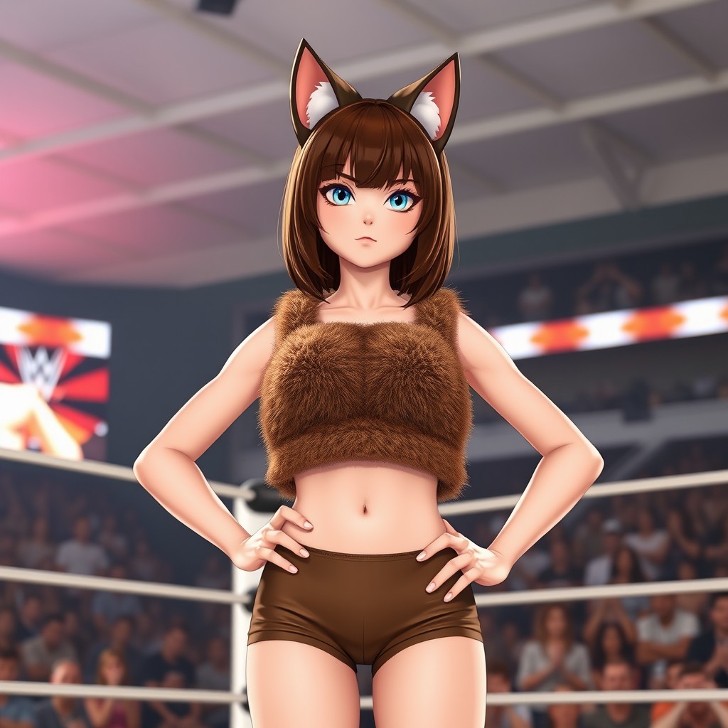 A human adult girl with a stylish brown shoulder-length haircut, striking blue eyes, and charming brown cat ears that she wears cosmetically on her head