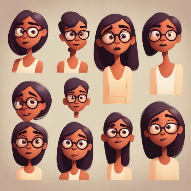 A series of Pixar-style character illustrations showing a dusky-skinned girl with eyeglasses expressing every emotion.