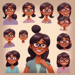 A series of Pixar-style character illustrations showing a dusky-skinned girl with eyeglasses expressing every emotion.