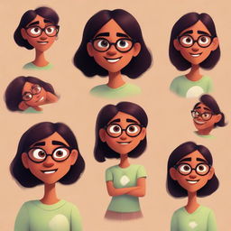 A series of Pixar-style character illustrations showing a dusky-skinned girl with eyeglasses expressing every emotion.