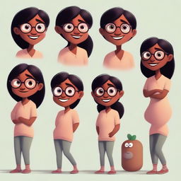 A series of Pixar-style character illustrations showing a dusky-skinned girl with eyeglasses expressing every emotion.